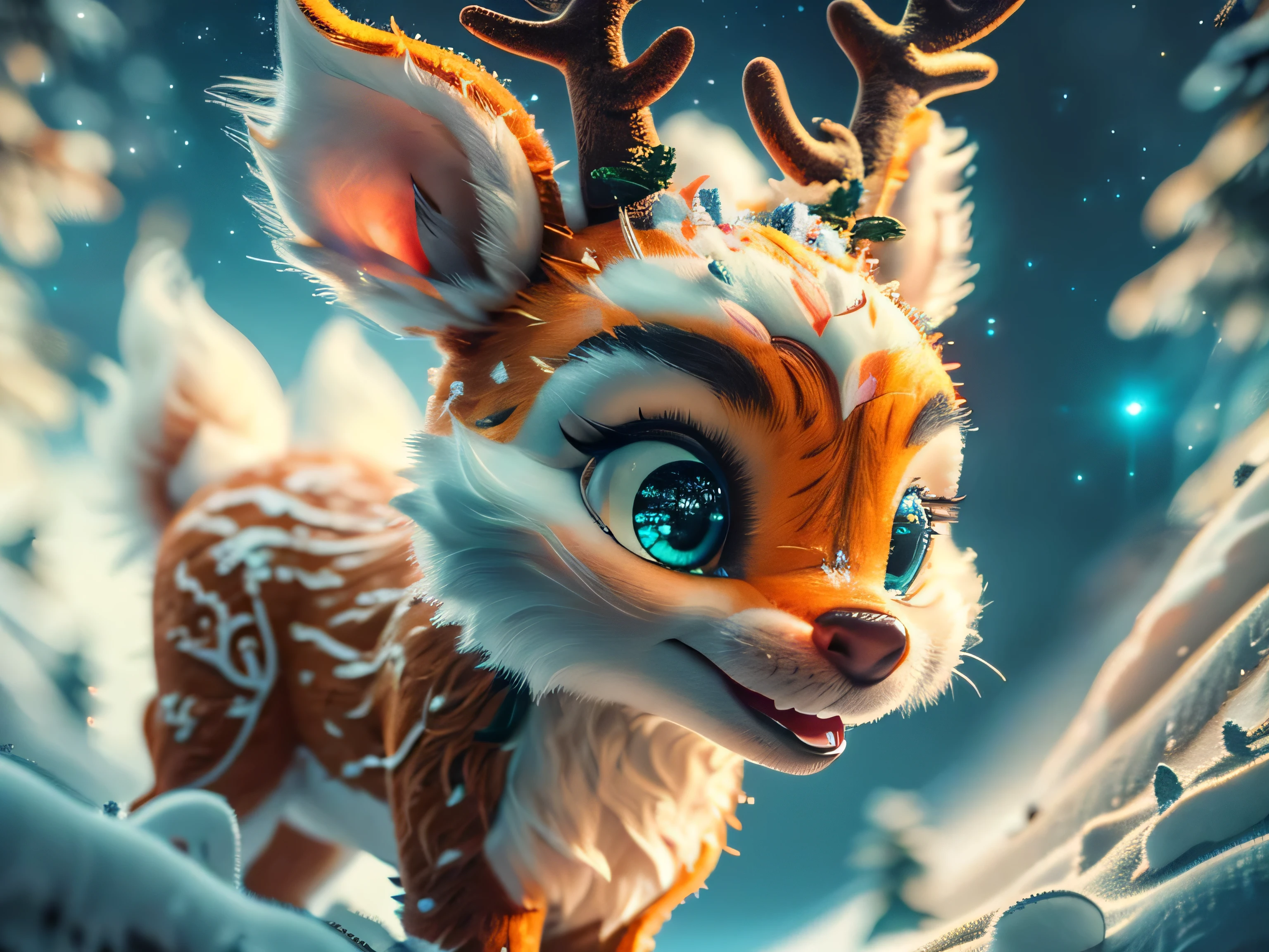 Magical Fantasy Creature, (Best Quality, Masterpiece, Representative Work, Official Art, Professional, Super Detailed, 8k:1.3), (Photorealism:1.2) Super Cute, Big Eyes, Soft, Soft Nose, Fluffy, Double-Toothed Smile, Aurorastyle, Highly detailed Dynamic shot of majestic adorable baby reindeer, high quality, beautiful masterpiece, fantasy creature, kawaii, digital art, glowing sparkles, Realistic, Beautiful, Stars in Eyes, Soft Volumetric Light, (Backlight:1.3), (Cinematic:1.2), Intricate Details, (ArtStation:1.3), --auto --s2