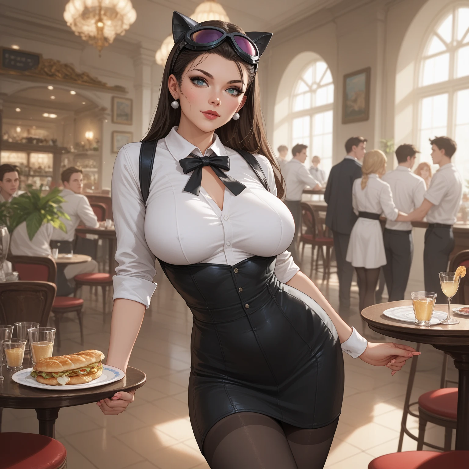ray tracing, perfect anatomy, Voluptuous, (((1 woman in frame), Pretty Caucasian (female), Sarah Shahi, a slim but muscular body, huge breasts, ray tracing, perfect anatomy, Voluptuous, )), ((bright red lipstick)), ((seductive smile)) ((big bright blue eyes looking towards the viewer)) ((short tied dark brown hair)), Ultra realistic 8K, flawless, tall,(Red Lip, Heavy makeup), Earring、Standing in a sexy pose、Nikon Z 85mm, ((Best Quality)) ,((masterpiece)), intricate details, Extremely delicate and beautiful, ((cat-woman costume, black latex full sleave blouse:1.6, half open blouse, ((large cleavage))、((black latex Ultra micro miniskirt((very very very micro miniskirt exposing full length thighs))))、black gloves、cat ears、((beautiful exposed long thighs))、)):1.0、（Full body shot:1.0)、Sexy look, standing pose、NSFW:1.0, Gotham City roof top, night, ((view from behind))、perfect
