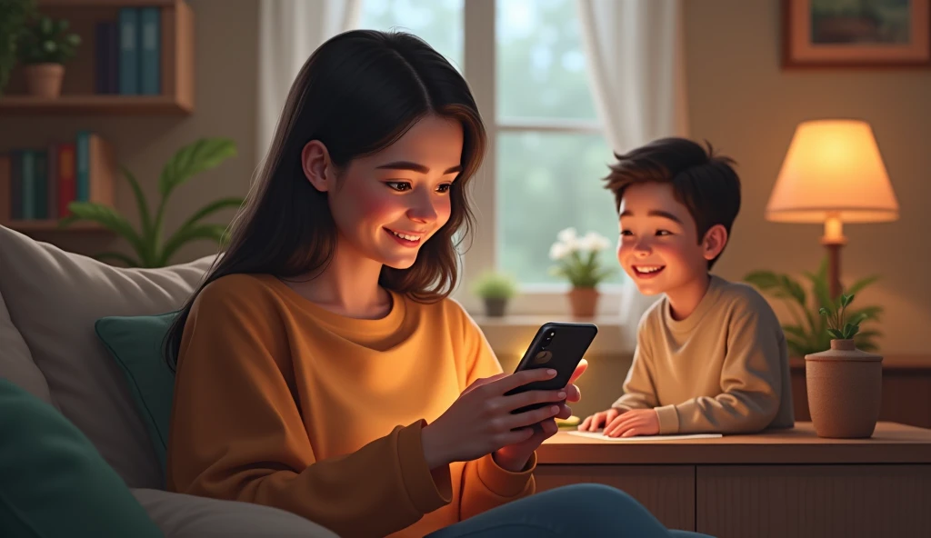 (photorealism:1.2), woman looking at her cell phone, and the son next to her calling to play