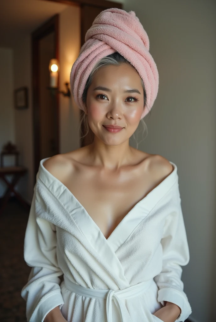 Create an Asian beauty，Wearing a white lace satin bathrobe，Proud and plump figure，Scratching the scalp with both hands，There is a lot of dandruff on the top of the head，The expression is hideous，The characters are realistic and realistic，Bathroom Background，9:16 frames，Ultra-high-definition picture quality
