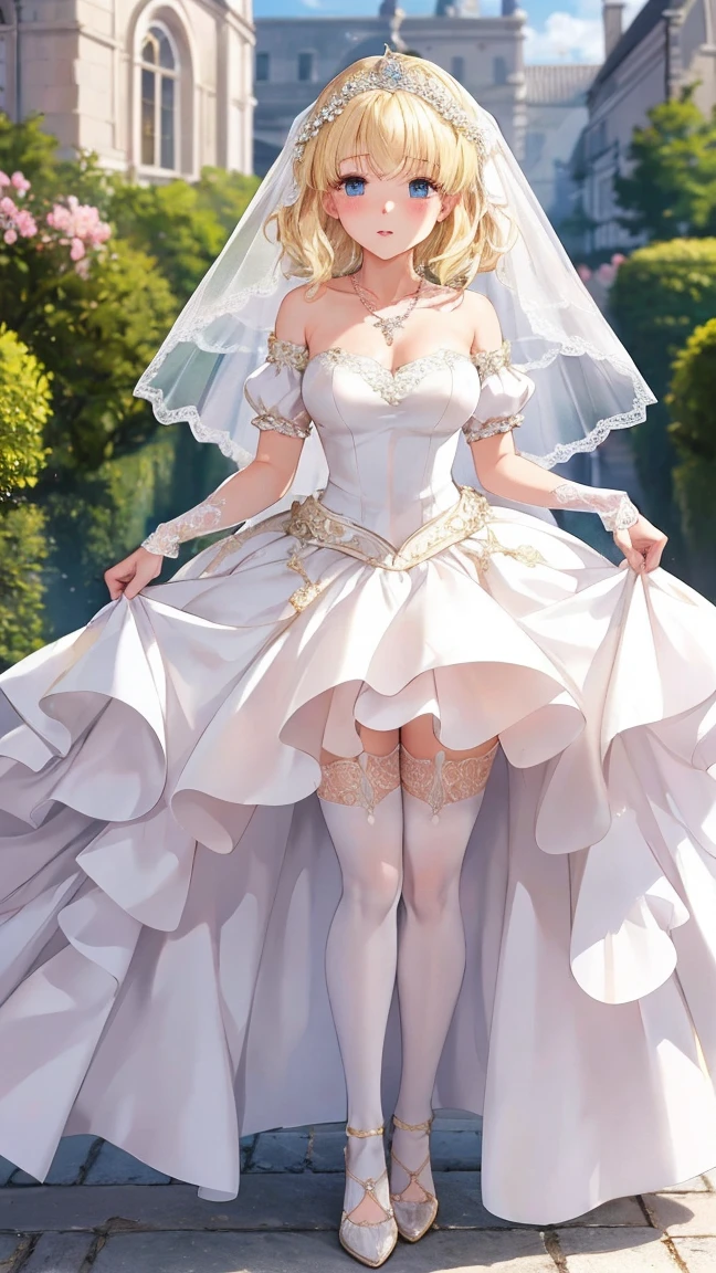 ultra detailed, sharp focus, best quality, masterpiece, colorful, mariacampbell, 1girl, blonde hair, full body shot, blush, intricate details, glossy lips, standing, layered wedding dress, garden, city, necklace, skirt parted in front, white thigh highs, lips parted