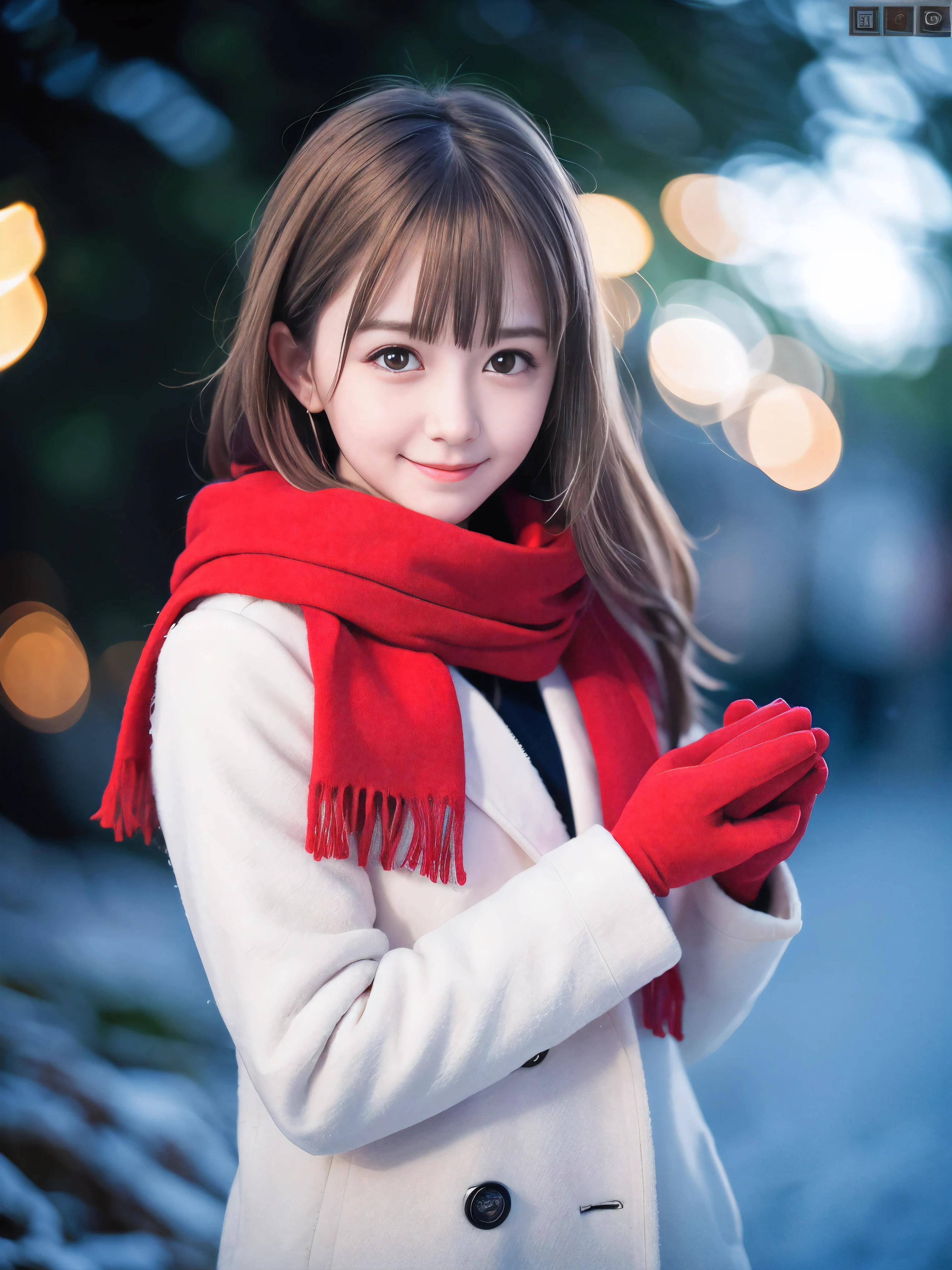 (Close-up face shot of one slender small breasts half up blonde long hair with bangs girl in a winter white long coat and red scarf:1.5)、(One blonde hair girl is holding a gift box with gloves in hand with small smile:1.5)、(Very beautiful Christmas illumination:1.5)、(Heavy snowing night:1.5)、(blurred background:1.5)、(Natural light:1.5)、(8k ultra detailed master piece:1.5)、(perfect anatomy:1.5)、(Photorealistic stick:1.5)、(Raw photo:1.3)、(highest quality:1.5)、(High resolution:1.3)、(Delicate and beautiful perfect face:1.3)、(Delicate and beautiful eye air skin:1.3)、(Real Human Skin:1.3)、((thin legs))