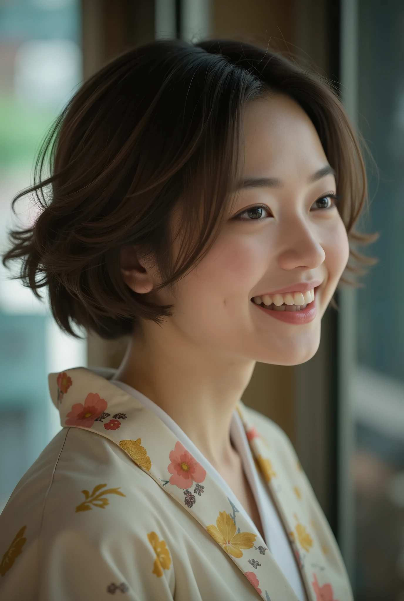 Digital portrait of a Japanese short-haired woman, Facial beauty, hair is disheveled,Rolling, Movie-like , unreal engine 5 , Beautiful, Amazing Color Grading, kimono,Japanese Dress, similarly , photo shoot, Cinematography, art、 laughs
