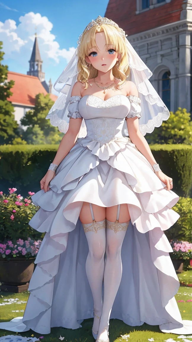 ultra detailed, sharp focus, best quality, masterpiece, colorful, mariacampbell, 1girl, blonde hair, full body shot, blush, intricate details, glossy lips, standing, layered wedding dress, garden, city, necklace, skirt parted in front, white thigh highs, lips parted