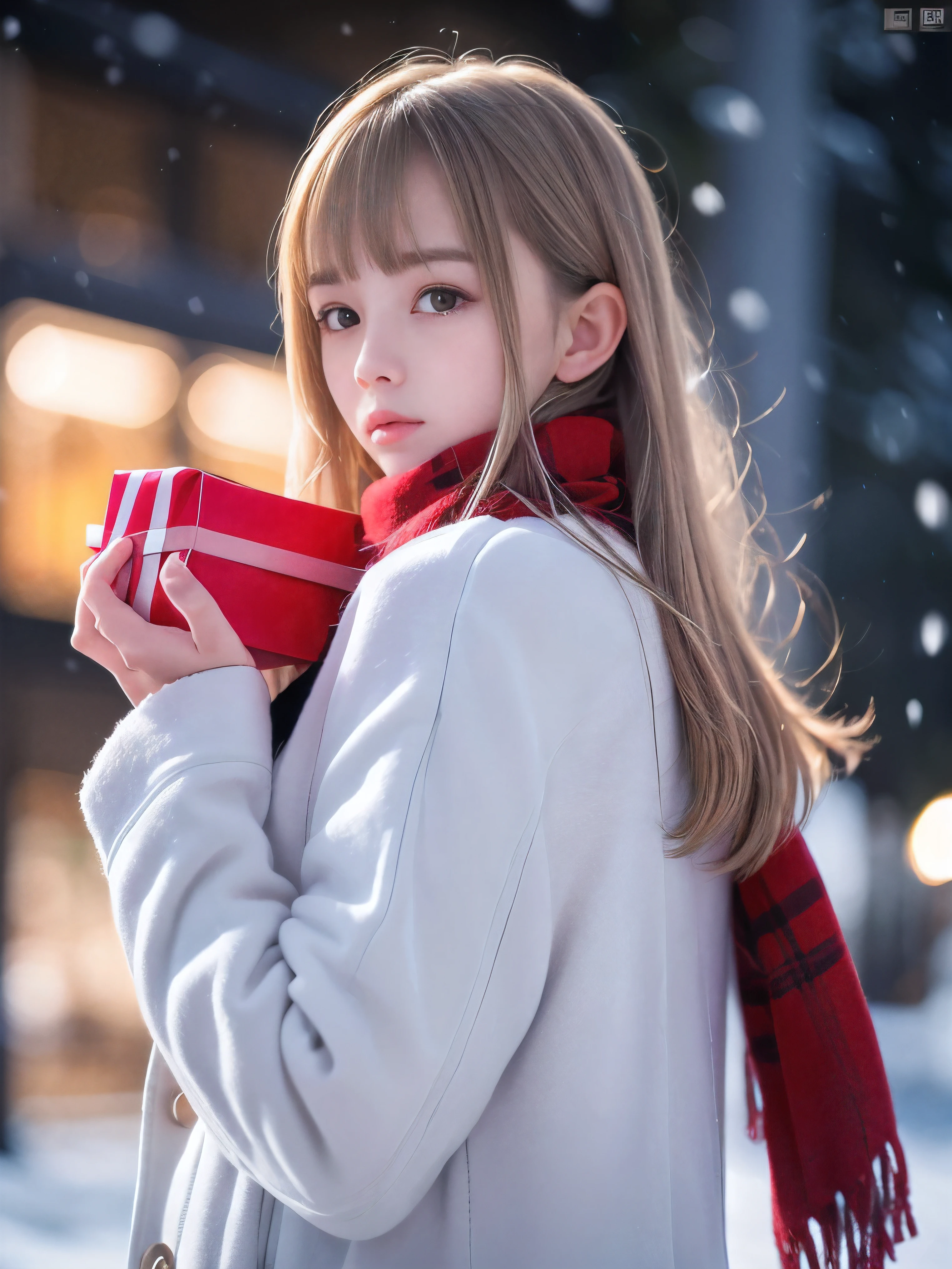 (Close-up face shot of one slender small breasts half up blonde long hair with bangs girl in a winter white long coat and red scarf:1.5)、(One blonde hair girl is turn around with holding  a gift box with gloves in hand with sad face:1.5)、(Very beautiful Christmas illumination:1.5)、(Heavy snowing night:1.5)、(blurred background:1.5)、(Natural light:1.5)、(8k ultra detailed master piece:1.5)、(perfect anatomy:1.5)、(Photorealistic stick:1.5)、(Raw photo:1.3)、(highest quality:1.5)、(High resolution:1.3)、(Delicate and beautiful perfect face:1.3)、(Delicate and beautiful eye air skin:1.3)、(Real Human Skin:1.3)、((thin legs))