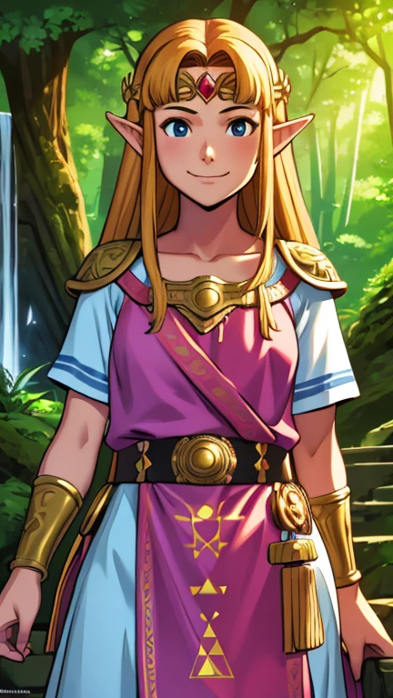 (1girl, princess zelda), (extremely detailed CG unit 8k wallpaper),(master part), (best quality), (ultra detail), (best illustration),(comic lo takamichi style), cowboy shot, standing, facing viewer, looking at viewer, perfect face, perfect eyes, perfect fingers, perfect hands, (Sharp eyeliner, ombre, detailed eyes:1), (digital art), forest, outdoor background, break , upper body, solo, smile, nintendo, the legend of zelda, albw