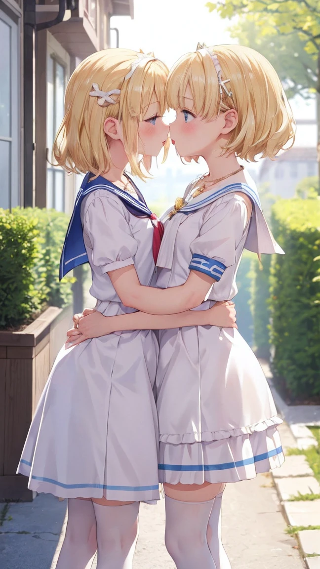 ultra detailed, sharp focus, best quality, masterpiece, colorful, mariacampbell, 1girl, blonde hair, full body shot, blush, intricate details, glossy lips, standing, layered wedding dress, garden, city, necklace, skirt parted in front, white thigh highs, lips partedThere are two girls. kissing each other, loving each other, One is tiny girl, with blonde bob hair, bright eyes, and a hair accessory, Underwear with white ruffles. sailor suit, She has an innocent and petite appearance, radiating cuteness.
all-fours、doggy style
On the other hand, the other girl is  in underwear with white ruffles. sailor suit,rolling up another girl's skirts