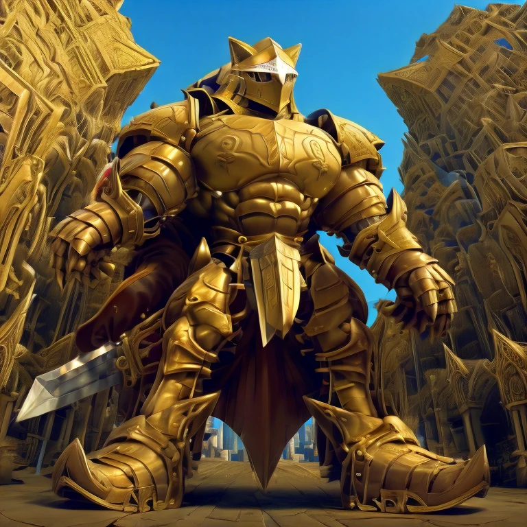 - Excalibur Sonic. Golden Armor. The whole body is golden.
- masterpiece. official art. 8k. best quality. detailed full body. full body.
- no face. wearing a full-face helmet.
- An arrogant expression. smile at the corner of your mouth.
- He with 4 arms.
- large muscles,  big muscle, huge muscles,  massive muscles, bulk up.
- focus GIANT Excalibur Sonic is trampling the city. Looking down. macro. stomp. Low-angle perspective. emphasizing the immense size. He has long legs.
- The nails are sharp. The nails are gold. There are five fingers.
- The toenails are sharp. The toenails are gold. There are five toes.

(Excalibur Sonic, golden armor, helmet, no face, holding sword, red cape, upturned and pointy shoes)