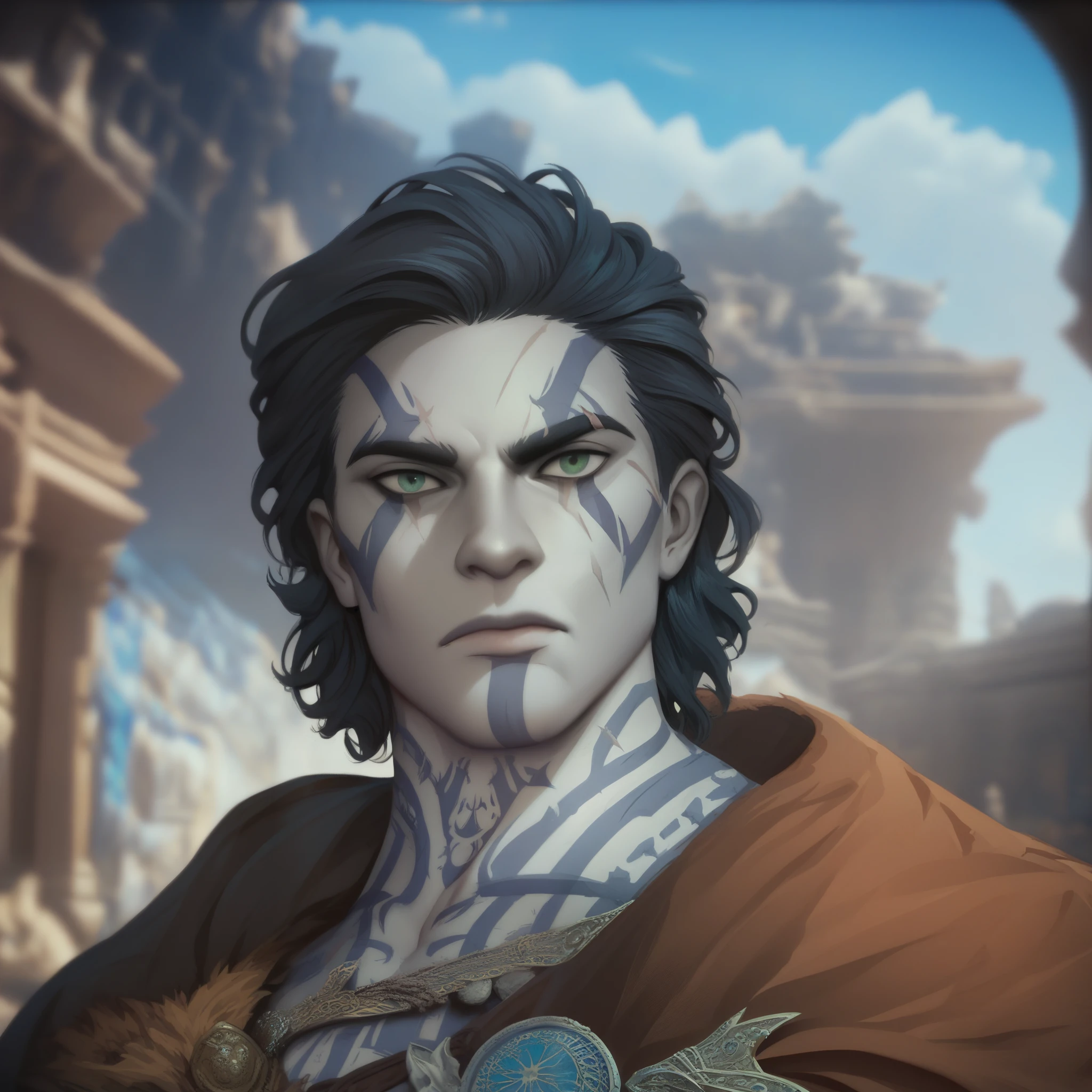 (((renaissance ))), score_9, score_8_up, score_7_up, Goliath, gray skin, tall, muscular, body tattoo, face tattoo, 1boy, green eyes, medium hair hair, brown cape with fur, blue tattoo, fantasy background, blurred background. stone skin. facial scar