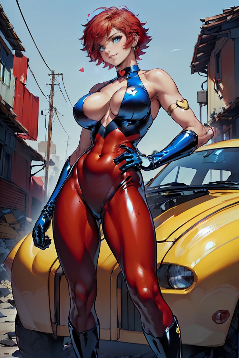 ((Masterpiece, top quality, high resolution, highly detailed CG unified 8K wallpaper)), (huge stunning goddess shot, very hot and sexy, jaw-dropping beauty, perfect proportions, beautiful body, slim body beauty:1.1), 1 woman, (cutie honey, crimson hair, short hair, big eyes, Detailed face and eyes, staring at camera:1.3), (Blue and red tight suits, Detailed latex suit, glossy, blue tops, Red from belly to legs, Detailed, midrift top, cleavage cutout, cleavage, bare shoulders, bare backs, choker with heart symbol, yellow gloves, elbow gloves, yellow  boots, long boots, armlet:1.4), hands on hips, feet spread apart, smile, Exploding buildings in the background, front view, 