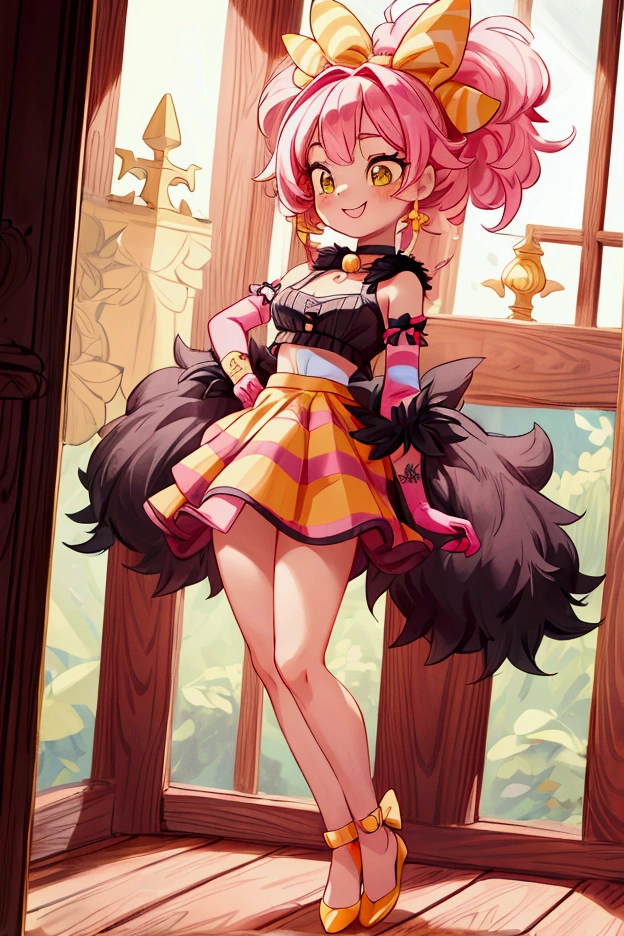 "Masterpiece, best quality, 1 girl, pink hair, big bow, elbow gloves, black crop top, fur stole, choker, standing indoors with intricate details and sunlight. black orange and yellow frilled dress striped with short neckline, Sweet smile, sexy pose, coquette, beautiful legs, mature body, gorgeous, pronounced breasts