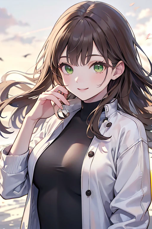 best quality, high resolution, ultra detailed, realistic, attractive female, upper body, vivid brown hair, semi-long wavy hair, green eyes, wearing a white turtleneck layered sweater, denim jacket, smiling, 