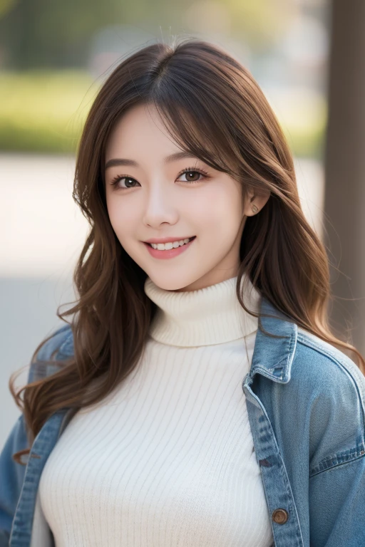 best quality, high resolution, ultra detailed, realistic, attractive female, upper body, vivid brown hair, semi-long wavy hair, green eyes, wearing a white turtleneck layered sweater, denim jacket, smiling, 