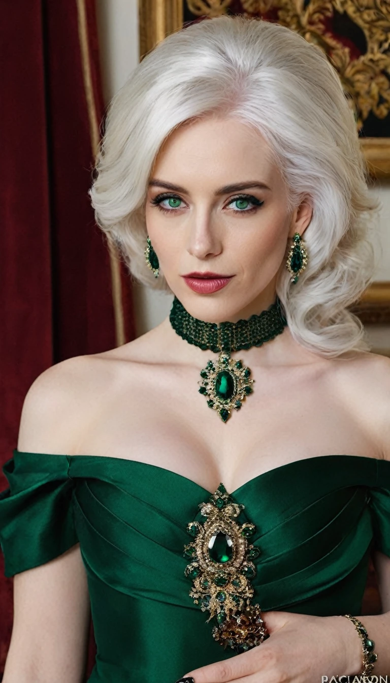 glamour portrait shot of a princess with green eyes and biting her lip looking seductively at the viewer, masterpiece, best quality, dslr, 8k, 4k, ultrarealistic, realistic, raytracing, subsurface scattering, (raw photo, fashion editorial), 1girl, white wig, bouffant, dark shot, rococo, seraphim, dress, pearls, cloud faded, film grain, muted colors, photography, epic realistic, (by Franois Boucher), long hair,