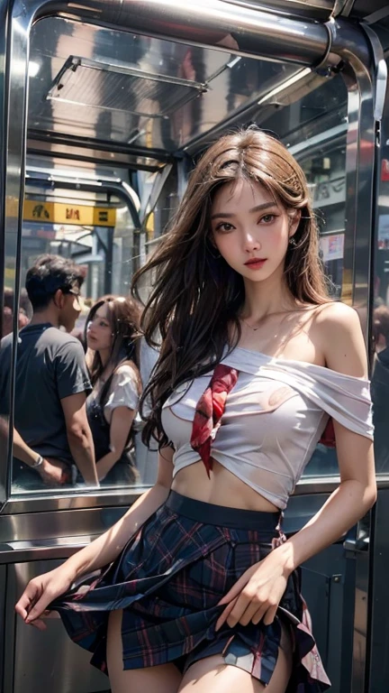 (RAW shooting, Photorealistic:1.5, 8K, Highest quality, masterpiece, Ultra-high resolution), Perfect dynamic composition:1.2, Night Street Corner, Looking up at the sky:1.3, (((Heavy rain from a typhoon))), Highly detailed skin and facial textures:1. 2, A slim high school girl wet with rain:1.3, Sexy beauty, Perfect Style:1.2, Aesthetic and beautiful, Fair skin, Very beautiful face, (Rain dripping all over my body:1. 2, Wet Hair:1.4, Wet Hair:1. 2)、Water droplets on the skin、(Medium chest、Chest gap)、(Shy laugh、The expression when feeling intense caressing、Facial expression when feeling pleasure)、(Beautiful blue eyes)、perfect body、Perfect fingertips((Girl Standing Near Train Door))、Highest quality作品、Live-action work、Ultra Premium Graphics、8K HD CG作品、High Quality Graphics、High-definition CG works、10x pixels、Ultra-fine details:1. 1、Advanced technical details:1.1、Photorealistic、室内Lighting Effects:1.5、Natural light:1.5。Lighting Effects(バーチャルLighting Effects:1. 8),(Thin eyebrows),(High nose),(Clean red lips),(Rose Cheeks),(Subtle makeup face),(Girl),(Cute face),(Perfectly balanced face),(Light-toned foundation),(Enhances the clarity of the skin)((Off the shoulder、Translucent wet white blouse、loose red tie、Navy blue checked skirt)).( Wet light blue bra、Pink nipples)、Clothes with a lovely swirl pattern design、Iris Heterochromatic Eyes、Silver Haired Girl、壁紙HDのOff the shoulder、((Nipples))、(Puffy eyes:1. 2)、(Thin legs)、(Light on face and chest)、((((Underboob))))、Underboob、Oily skin、Skinny、(the underside of the chest is slightly visible)、 (Underboobが見える、Belly button and ribs visible)、The hips and lower abdomen are visible、
40k, photograph, On the table, Highest quality, Rain Background, ((明るい髪Girl, She has a beautiful face and、Wear glasses, (Lift-up skirt),((White panties are visible))