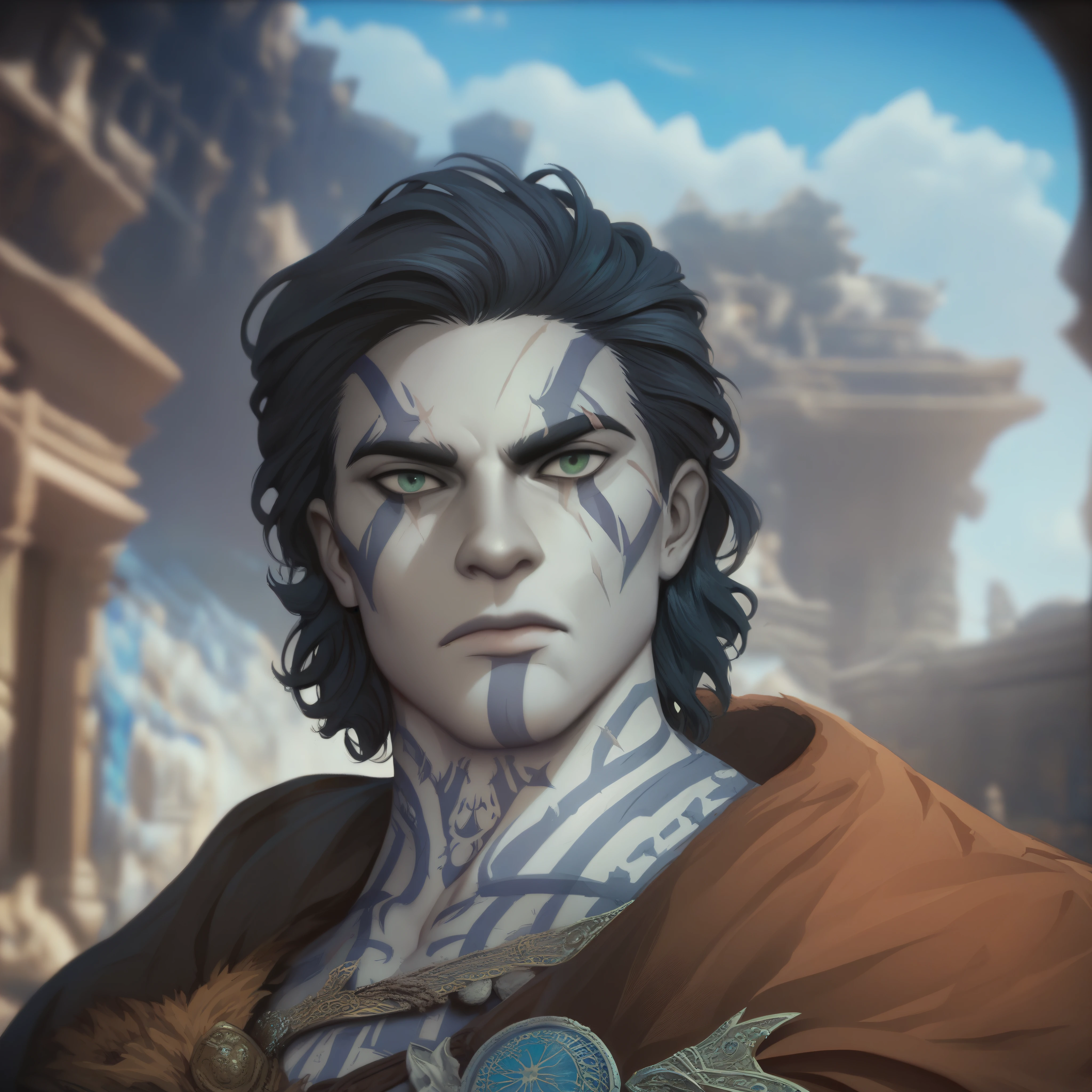 (((renaissance ))), score_9, score_8_up, score_7_up, Goliath, gray skin, tall, muscular, body tattoo, face tattoo, 1boy, green eyes, medium hair hair, brown cape with fur, blue tattoo, fantasy background, blurred background. stone skin. facial scar