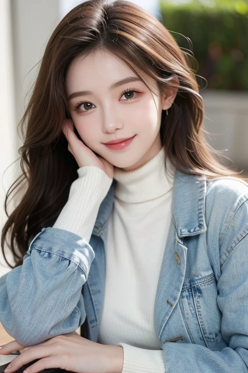 best quality, high resolution, ultra detailed, realistic, attractive female, upper body, vivid brown hair, semi-long wavy hair, green eyes, wearing a white turtleneck layered sweater, denim jacket, smiling, 