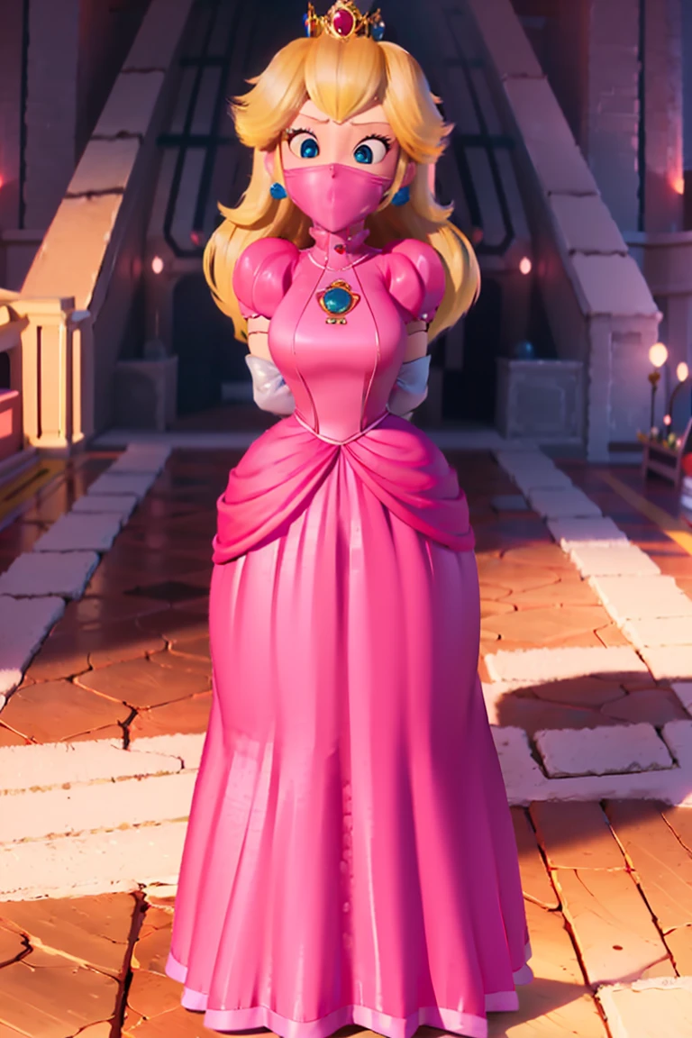 score_9, score_8_up, score_7_up, 1girl, solo, Princess Peach \(Mario Bros\), ((Very huge breasts )), (Perfect thin body), (wearing pink dress, crown, heels), ((Posing sexy in peach princess castle)), (master part, High definition, , (arms behind back:1.4), (full body, complete body, toes to head view, standing, stand up) mask, mask neck corset, mask corset, red mask, tight mask, wrap mask.