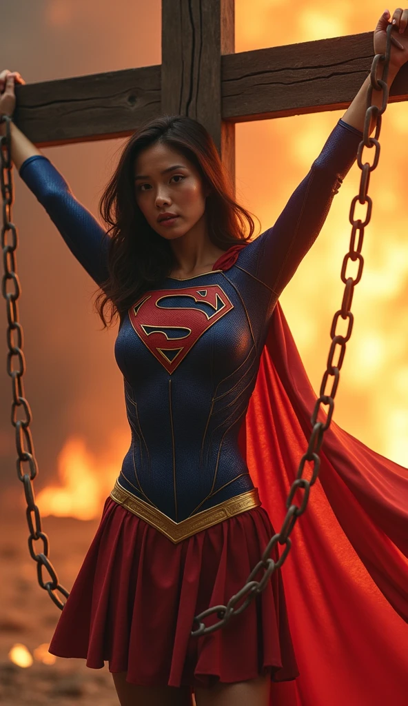 A fusion between Storm and Supergirl would result in a truly powerful and impressive heroine. Imagine uma figura majestosa, com Supergirl; Strength and determination combined with Storm's climactic powers and imposing presence. This heroine would have radiant skin and long hair that would blow in the wind, como se estivesse em constante movimento. His costume would be a mix of iconic elements from both characters................., combining the classic "s" da Supergirl com um design moderno e arrojado, incorporando tons de azul, prata e branco, na parte de baixo um biquinievocando a natureza tempestuosa da Tempestade. Em termos de personalidade, This heroine would be a natural leader, with an unshakable sense of Éclarice and a fierce determination. she would be compassionate and selfless, but would also have an aura of authority and wisdom, fruit of her experiences as a defender of her people. Sua postura seria confiante e imponente, conveying a sense of power and control. Quanto aos poderes, This merger would have the best of both worlds. Ela seria capaz de voar em alta velocidade, has super strength and invulnerability, Supergirl characteristics, in addition to controlling the climate, criar tempestades e manipular os elementos, herdando os poderes da Tempestade. His presence would be striking, transmitindo coragem, compassion e determinação inabalável. She would be a true keeper, able to face challenges with grace and power, becoming a symbol of hope for all, with a striking presence and an aura of grandeur that would highlight her as a true force of nature. I hope this description meets your expectations! ,explosions in the background,roupa de banho,sensual,sexy, amor, passion, lusciousness, sensualidade, desejo, passion, sedution, prazer, ATTRACTION, Sensations, fascination, erotismo, fogo, sensualidade, sedution, Eros, sensualidade, desejo, passion, libidinoso, intimidade, sedutor,proibido,adulto, proibido para menores, PECADO, o"s" of krypton must be present