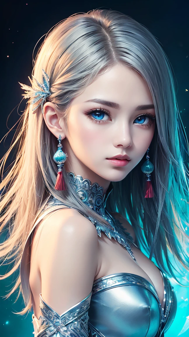 (masterpiece、highest quality、highest quality、Official Art、aesthetics:1.2)、(1 Girl:1.3)、(Fractal Art:1.3)、Beautiful aqua blue eyes、Beautiful Skin、Medium length hair with silver tassels、ultra precise detailed