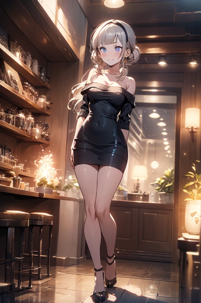 (perky chest:1.2), (pointed chest:1.2),(((Black Tunic:1.3))),(((cakes and bread in the basket),Cute and beautiful girl,Cute round face,Cute smile,with blush cheeks,Red Lip,solo, looking at viewer, open mouth, have a cute grass of cute beergrass,black hair, dark green eyes, dress, bare shoulders, jewelry, collarbone, sidelocks, hairband, earrings, indoors, off shoulder, sweater, arms behind back, plant, short hair with long locks, gild hairband, off-shoulder dress, sweater dress, off-shoulder sweater, black sweater, dark gord hair, big side hair, very long side hair,is rendered in (masterpiece: 1.2, best quality), with (ultra high resolution) and an exquisite (depth of field),(Bangs are see-through bangs),hair pin,hair adornments,detailed clothes features,Detailed hair features,detailed facial features,(Dynamic angles),(Dynamic and sexy poses),Cinematic Light,(masutepiece,top-quality,Ultra-high resolution) ,(The 8k quality,Anatomically accurate facial structure,),(Sea Art 2 Mode:1.3),(Image Mode Ultra HD) ,(Hold a coffee in your hand:1.3),delicate beautiful face, Bright blue eyes, cute eyes, sparkling eyes, Big eyes, (perky chest:1.1), (pointed chest:1.3), looking at viewer, 