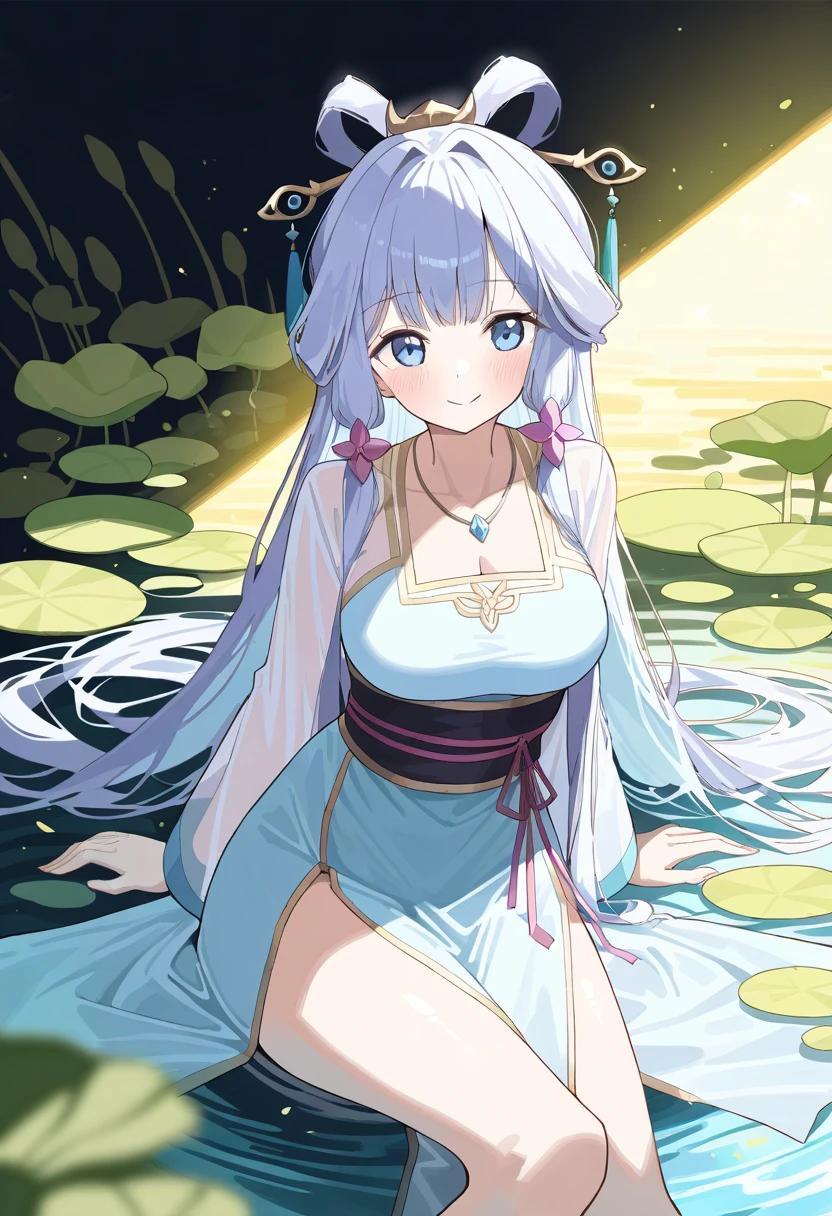 (Masterpiece), (Top Quality Anime Illustrations), (Ultra High Definition CG), One Girl, Solo, Beautiful Girl with Silver Hair, Anime Loli, Cat Ear Loli, Petite, Thigh Emphasis, Light Blue and Gold and Silver Cheongsam, Side Breasts, Side, Low Rise Panties, Smile, Buttocks, Buttocks Up, Back Cutout, Bamboo Forest