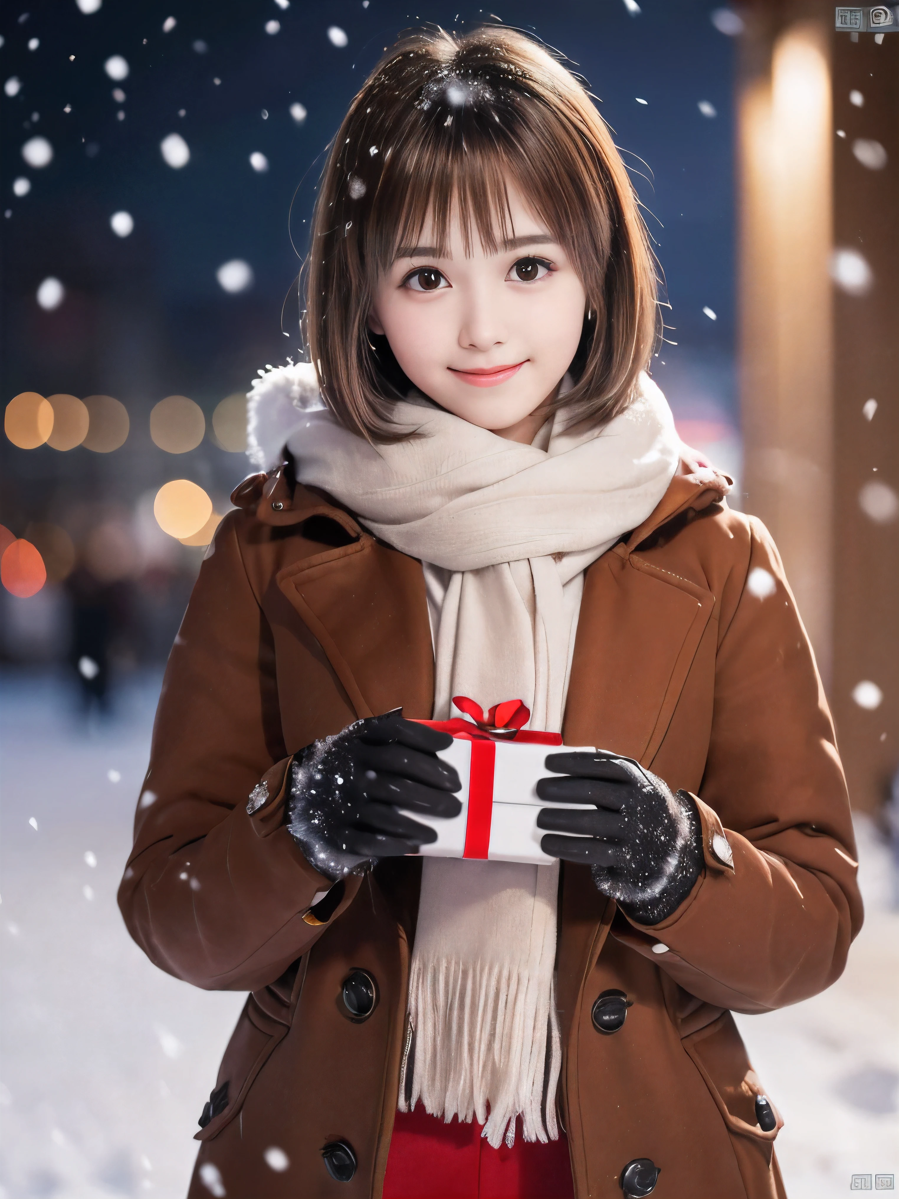 (Close-up face shot of one slender small breasts round face brown short hair with bangs girl in a winter long coat and  scarf:1.5)、(One girl is holding a gift box with gloves in hand with small smile:1.5)、(Very beautiful Christmas illumination:1.5)、(Heavy snowing night:1.5)、(blurred background:1.5)、(Natural light:1.5)、(8k ultra detailed master piece:1.5)、(perfect anatomy:1.5)、(Photorealistic stick:1.5)、(Raw photo:1.3)、(highest quality:1.5)、(High resolution:1.3)、(Delicate and beautiful perfect face:1.3)、(Delicate and beautiful eye air skin:1.3)、(Real Human Skin:1.3)、((thin legs))