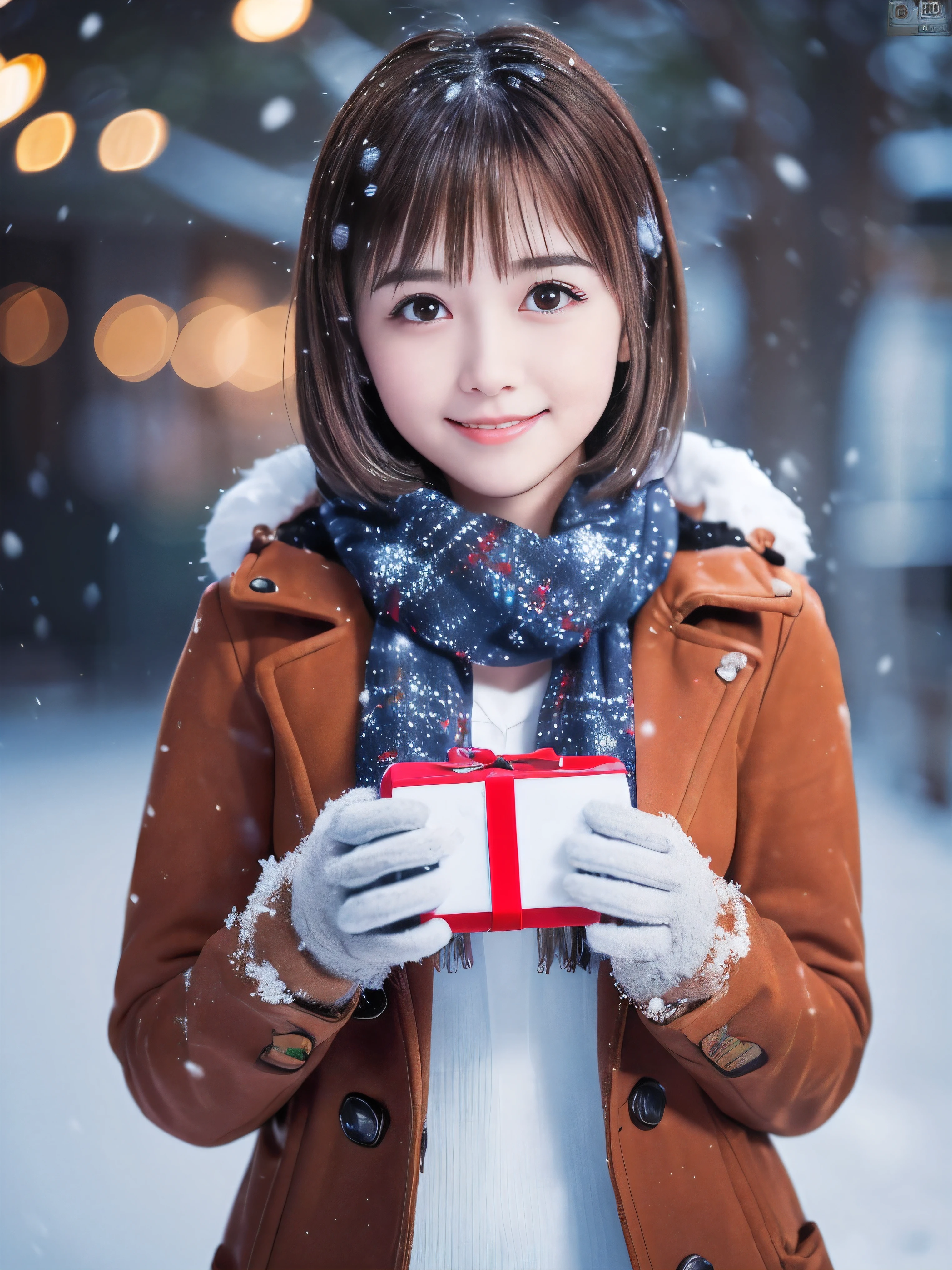 (Close-up face shot of one slender small breasts round face brown short hair with bangs girl in a winter long coat and  scarf:1.5)、(One girl is holding a gift box with gloves in hand with small smile:1.5)、(Very beautiful Christmas illumination:1.5)、(Heavy snowing night:1.5)、(blurred background:1.5)、(Natural light:1.5)、(8k ultra detailed master piece:1.5)、(perfect anatomy:1.5)、(Photorealistic stick:1.5)、(Raw photo:1.3)、(highest quality:1.5)、(High resolution:1.3)、(Delicate and beautiful perfect face:1.3)、(Delicate and beautiful eye air skin:1.3)、(Real Human Skin:1.3)、((thin legs))