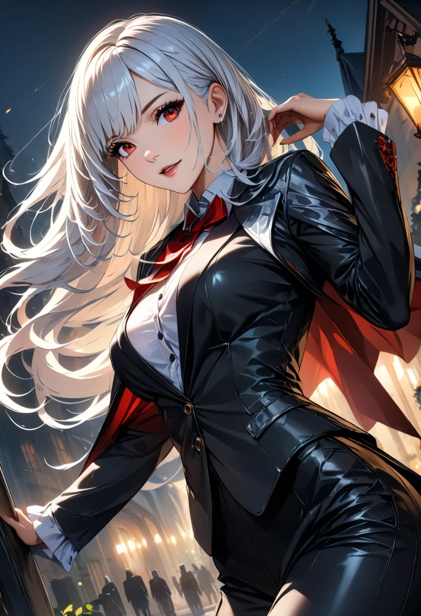  It's in the graveyard、 big red eyes、Long white hair、A mature vampire woman with a beautifully detailed face。Simple pose、Attractive appearance、Shoot straight。Detailed costume、 white shirt、tight black suit、tie、tight black pants、( best quality、4K、8k、 high definition 、masterpiece:1.2)、 super detailed、HDR、UHD、 studio lighting、Ultra-fine painting、 sharp focus while outdoors、 extreme detail 、 Professional 、 bright color 、Bokeh、 Dark Fantasy、Horror、Chiaroscuro、 Dramatic Lighting