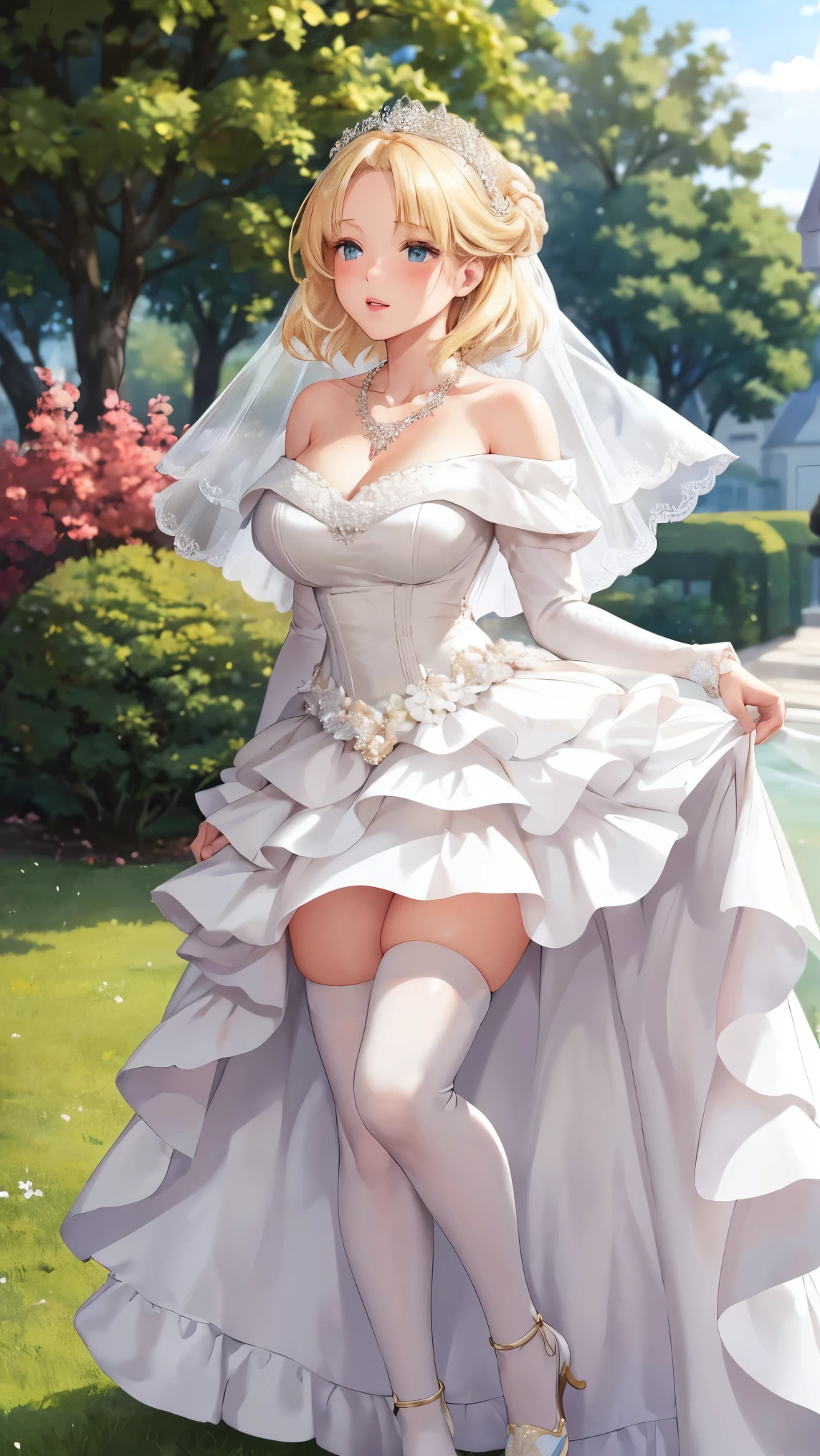 ultra detailed, sharp focus, best quality, masterpiece, colorful, mariacampbell, 1girl, blonde hair, full body shot, blush, intricate details, glossy lips, standing, layered wedding dress, garden, city, necklace, skirt parted in front, white thigh highs, lips parted