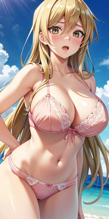 （tmasterpiece：1.3），blond hair，Golden eyes，smile，slightly fat big breasts，Be red in the face，best qualtiy，The is very detailed，Bust photo，full body, nude body，nude shoulders, sfv，Delicate and beautiful face，sea beach，rays of sunshine，baiyun，Flying birds