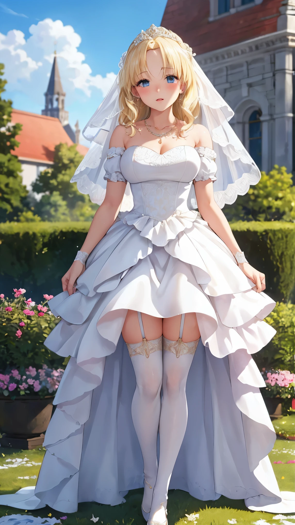 ultra detailed, sharp focus, best quality, masterpiece, colorful, mariacampbell, 1girl, blonde hair, full body shot, blush, intricate details, glossy lips, standing, layered wedding dress, garden, city, necklace, skirt parted in front, white thigh highs, lips parted