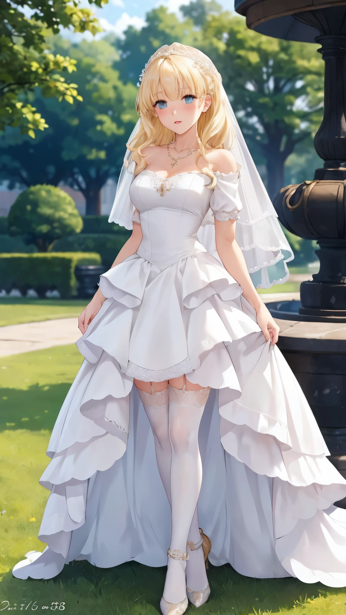 ultra detailed, sharp focus, best quality, masterpiece, colorful, mariacampbell, 1girl, blonde hair, full body shot, blush, intricate details, glossy lips, standing, layered wedding dress, garden, city, necklace, skirt parted in front, white thigh highs, lips parted