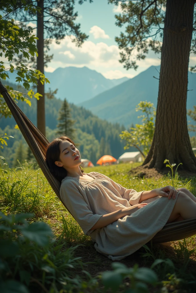 masterpiece, hi-res, girl,sleeping in hammock, nightgown, (travel lady), woods, trees, mounts, tents, picnic, adventure  