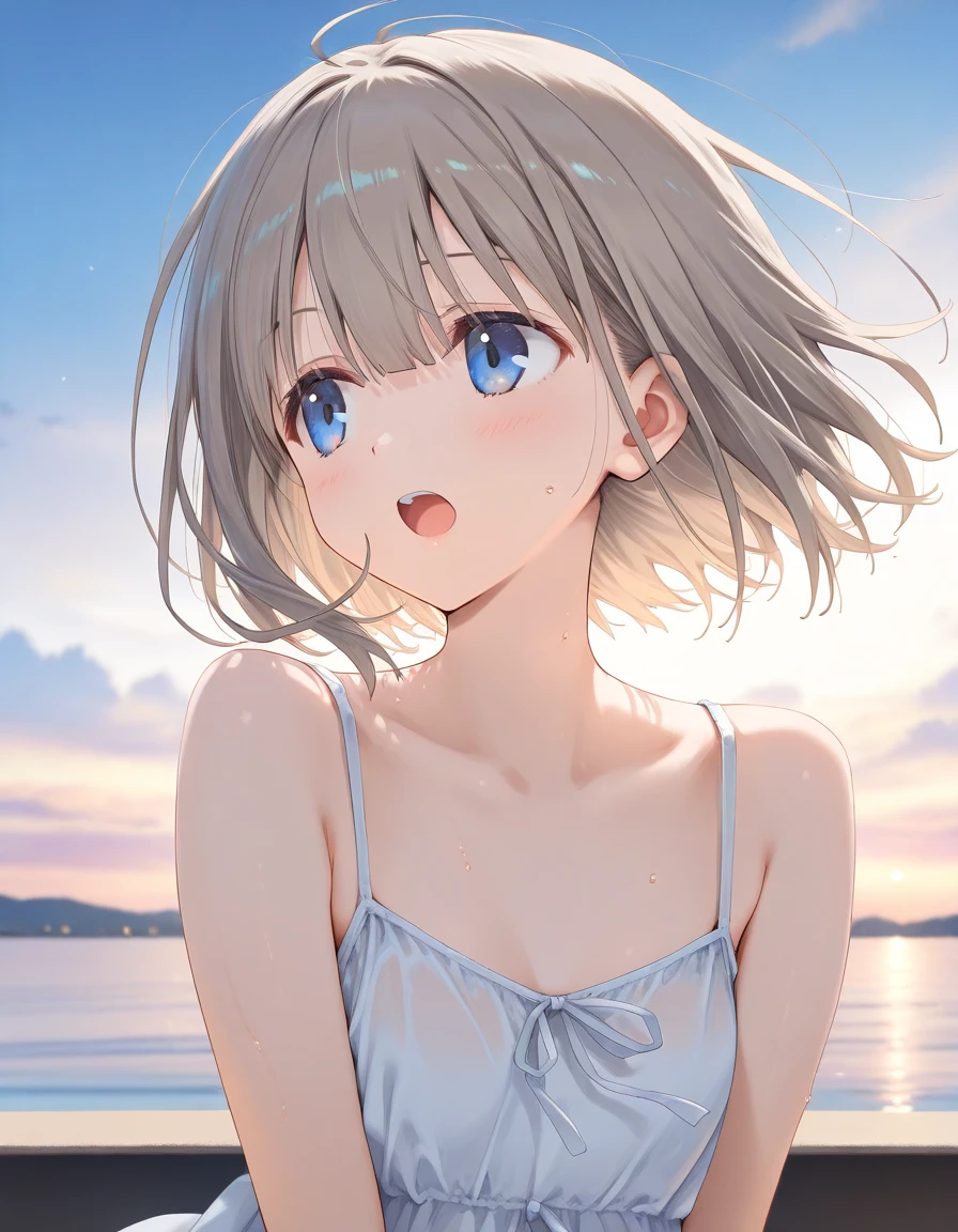 1girl, serizawa_asahi, little female, short hair, grey hair, blue eyes, beautiful detailed eyes, small breasts, open mouth, sweat, outdoors, wind, game CG break,((artist:shida_kazuhiro)),(artist:mitsumi_misato),(artist:fujiyama),,(masterpiece), (best quality), (ultra-detailed), very aesthetic, newest, beauty illustration,super detailed skin,  (masterpiece), (best quality), (ultra-detailed), very aesthetic lighting,hi res,absurd_res,2023,2024,(shaded),digital media (artwork), realistic lighting, 4k, 8k,photoshop_(medium),,best anime 8k konachan wallpaper, pixiv contest winner