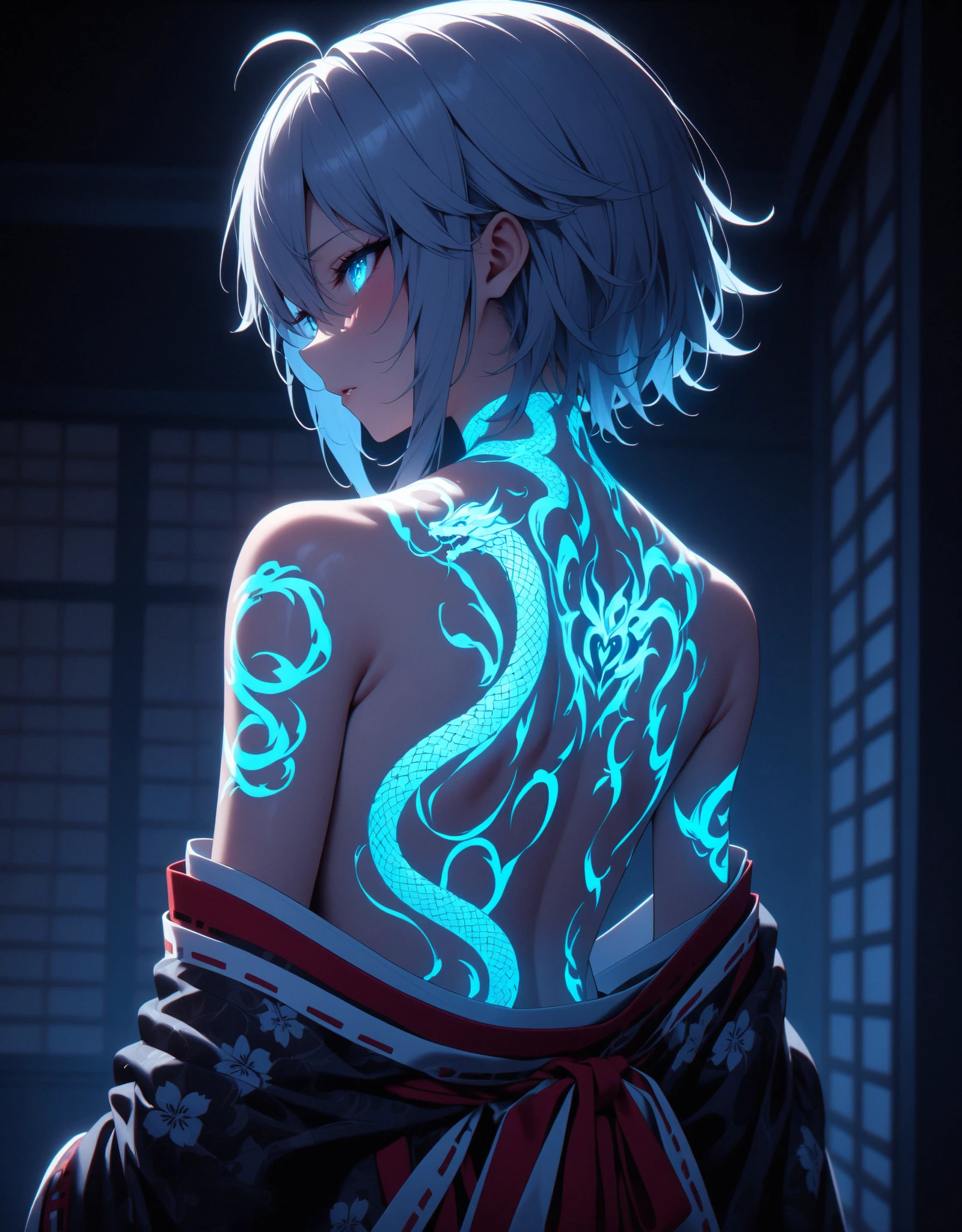 New Year、Miko-sama has a white snake glowing tattoo、back、 sexy