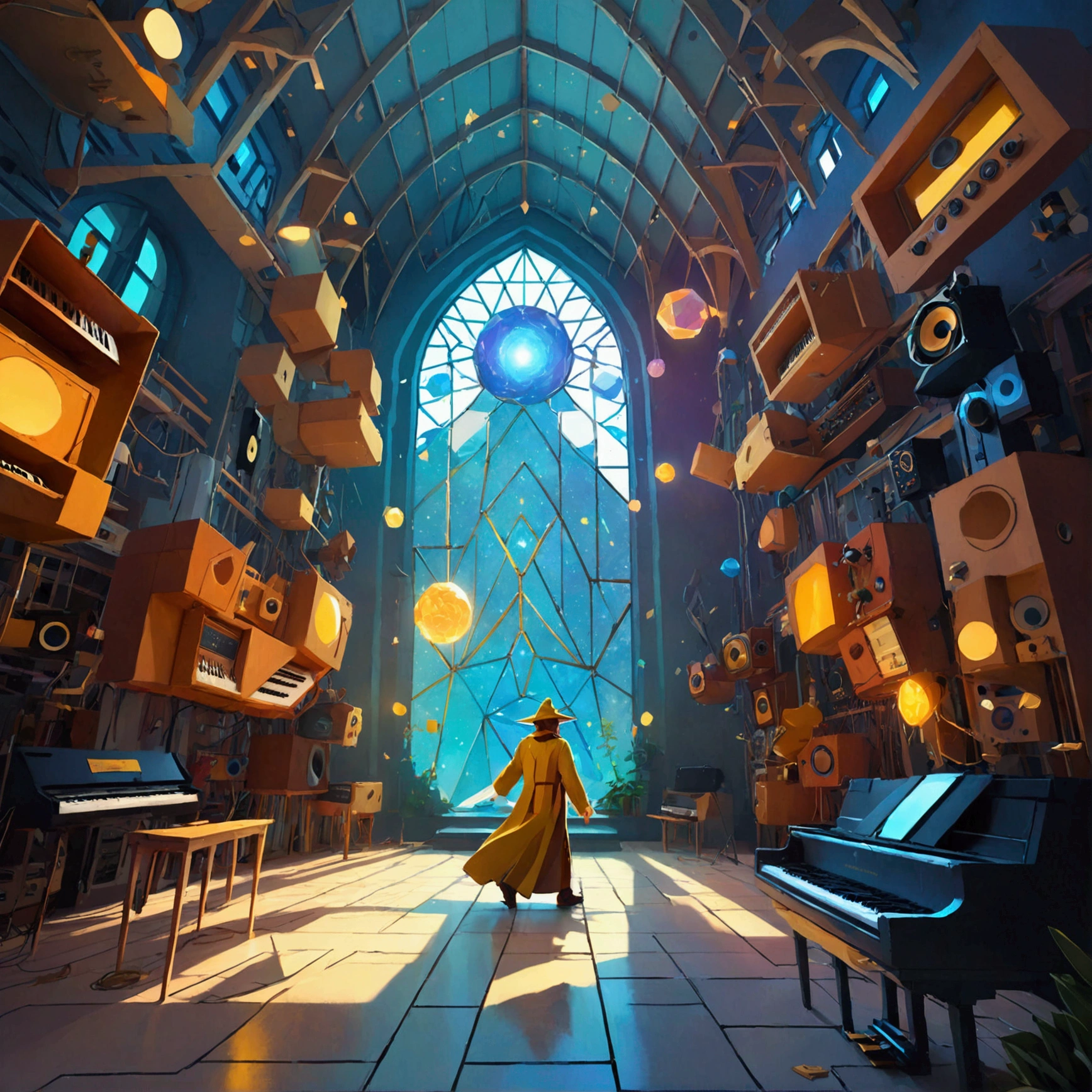 low poly'' wizard of analog synthesizer'' cover art  golden ratio, bard flak ,  thomas kinkade ,  Sam Spratt, Ferdinand Knabb, Makoto Shinkai and Lois van Baarle, art