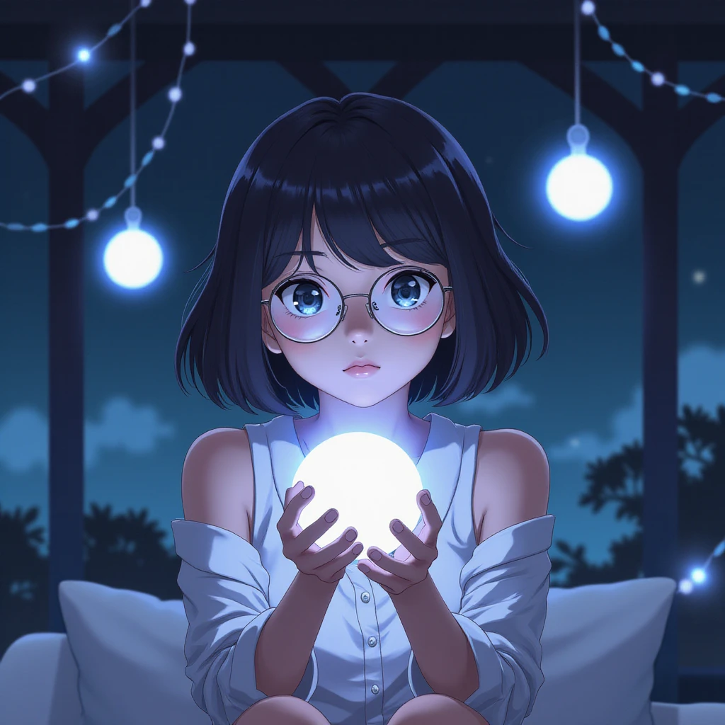 ((1girl)), anime, short dark hair, dark skin, shiny glasses lenses, mouth closed and expressionless, sitting, with her hands holding a glowing orb while two other glowing spheres orbit around her.