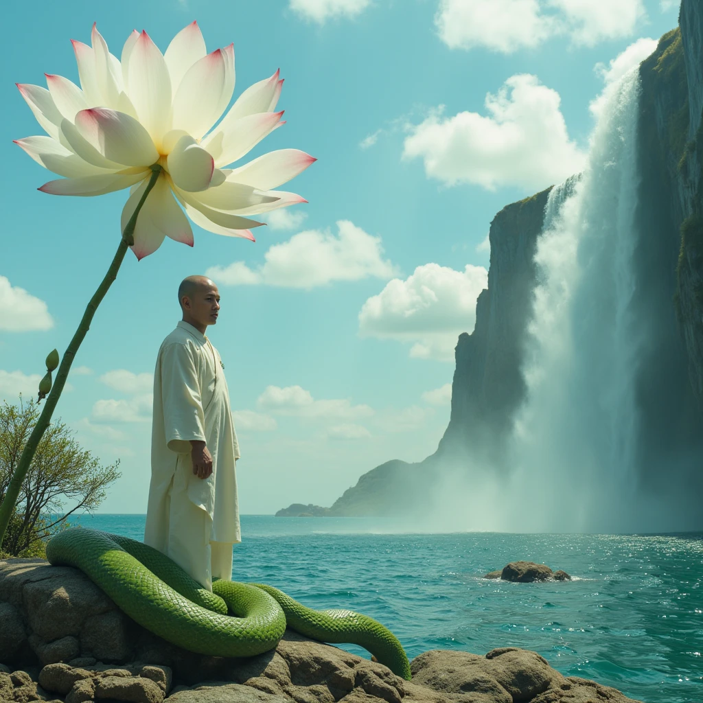 Highly detailed film water and ocean palette, a bald monk standing at the water's edge in white Hanfu, a huge green snake, a huge lotus flower in white, a very tall waterfall, exquisite facial details, spotlights, perfect composition, surreal, ultra-detailed, 8k, high quality, clear focus, intricate details, highly detailed, dynamic lighting, detailed and complex environment,