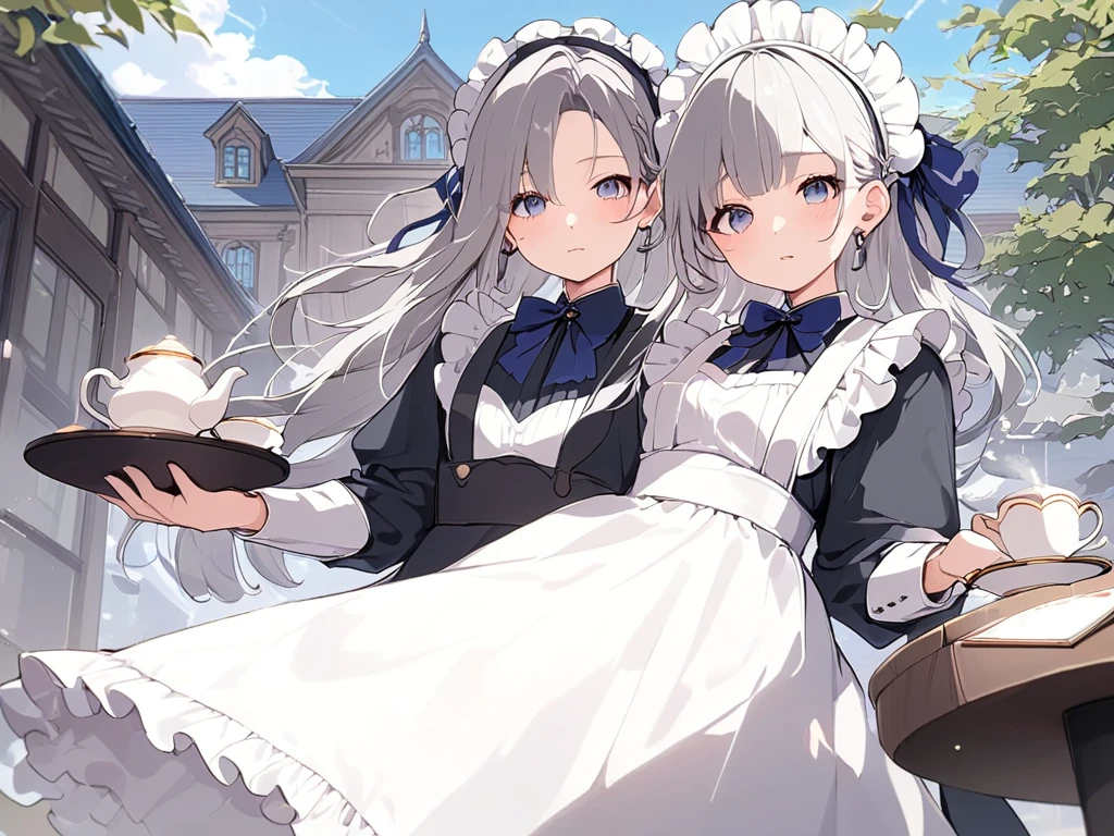 ( adult woman),(最High image quality, 8k, masterpiece:1.3), (24 years old:1.5), ( gray hair ), ( semi-long),  ( good style、Full body shot、Fair skin、 maid outfit 、 Long Sleeve 、Sophisticated, beautiful eyes、 long lashes、Waiter、Elegant、noble、 standing、 Long Skirt、Western-style building、Outer court、Pour in the tea、Tea Ceremony)), ([Ultra Clear:1.5), ( shiny skin:1.1),(Pale skin:1.1),High image quality、 clear contours、