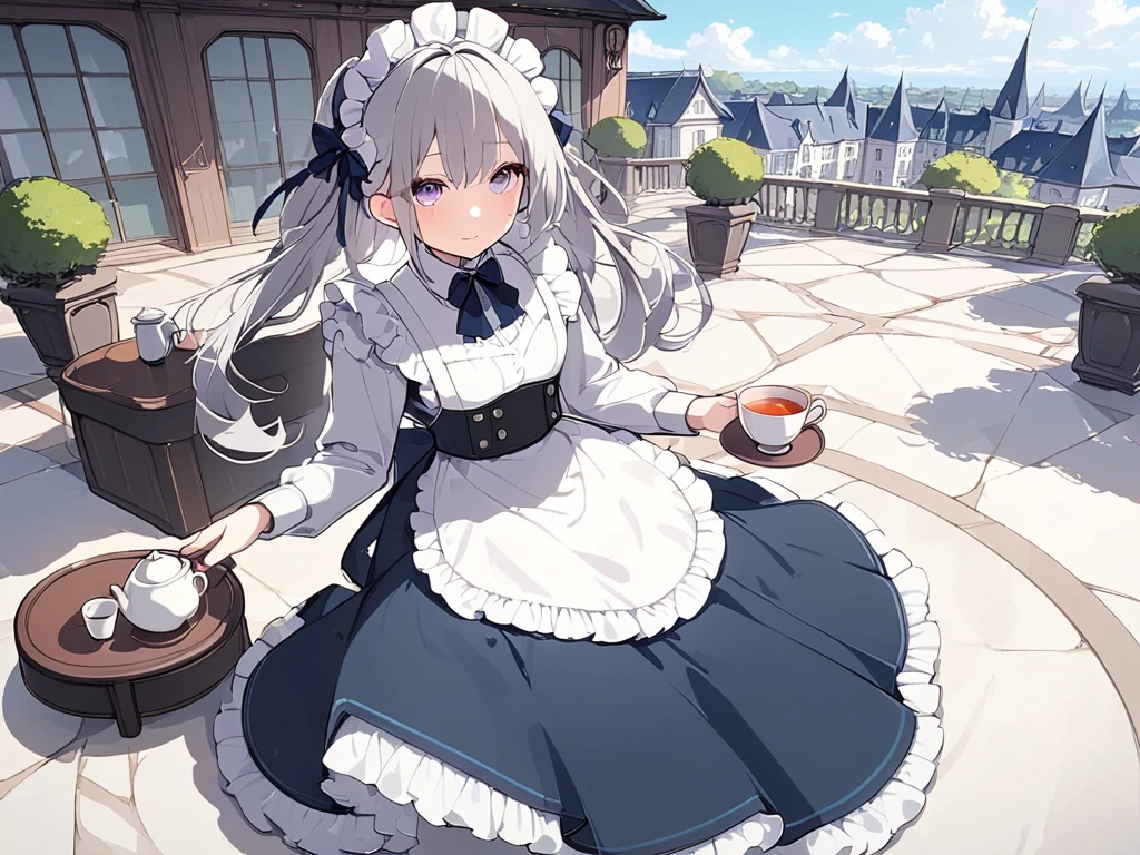 ( adult woman),(最High image quality, 8k, masterpiece:1.3), (24 years old:1.5), ( gray hair ), ( semi-long),  ( good style、Full body shot、Fair skin、 maid outfit 、 Long Sleeve 、Sophisticated, beautiful eyes、 long lashes、Waiter、Elegant、noble、 standing、 Long Skirt、Western-style building、Outer court、Pour in the tea、Tea Ceremony)), ([Ultra Clear:1.5), ( shiny skin:1.1),(Pale skin:1.1),High image quality、 clear contours、