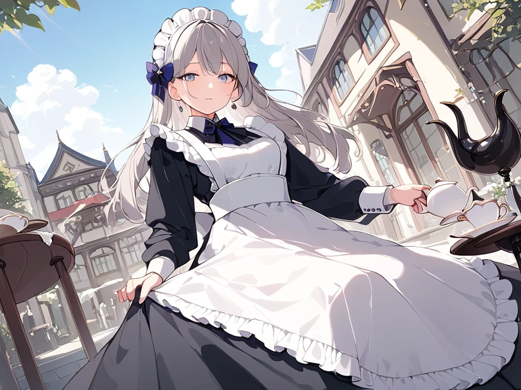 ( adult woman),(最High image quality, 8k, masterpiece:1.3), (24 years old:1.5), ( gray hair ), ( semi-long),  ( good style、Full body shot、Fair skin、 maid outfit 、 Long Sleeve 、Sophisticated, beautiful eyes、 long lashes、Waiter、Elegant、noble、 standing、 Long Skirt、Western-style building、Outer court、Pour in the tea、Tea Ceremony)), ([Ultra Clear:1.5), ( shiny skin:1.1),(Pale skin:1.1),High image quality、 clear contours、