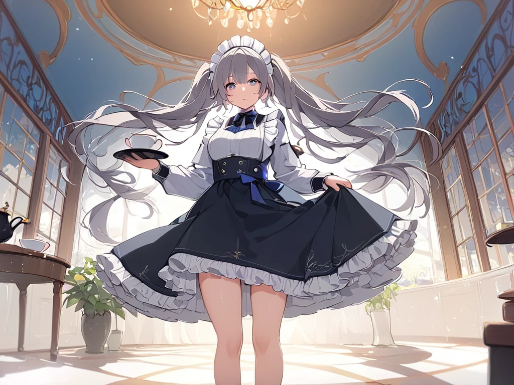 ( adult woman),(最High image quality, 8k, masterpiece:1.3), (24 years old:1.5), ( gray hair ), ( semi-long),  ( good style、Full body shot、Fair skin、 maid outfit 、 Long Sleeve 、Sophisticated, beautiful eyes、 long lashes、Waiter、Elegant、noble、 standing、 Long Skirt、Western-style building、Outer court、Pour in the tea、Tea Ceremony)), ([Ultra Clear:1.5), ( shiny skin:1.1),(Pale skin:1.1),High image quality、 clear contours、