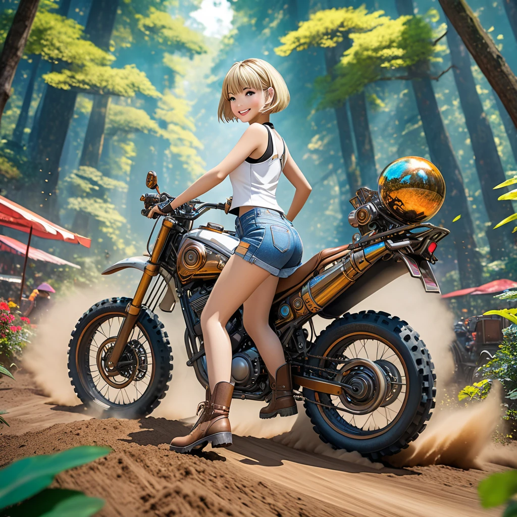 ((((masterpiece)))), high quality, very_high_resolution, large_filesize, full color, steam punk featuring a futuristic planet,, in a distant forest, bustling alien markets, and an off-road bike. The protagonist is a stunning upper body girl 1 person blonde short bob silver smile, mechanized arms. wearing a white tank top, distressed denim shorts, engineer boots, and riding the off-road bike. beauty,