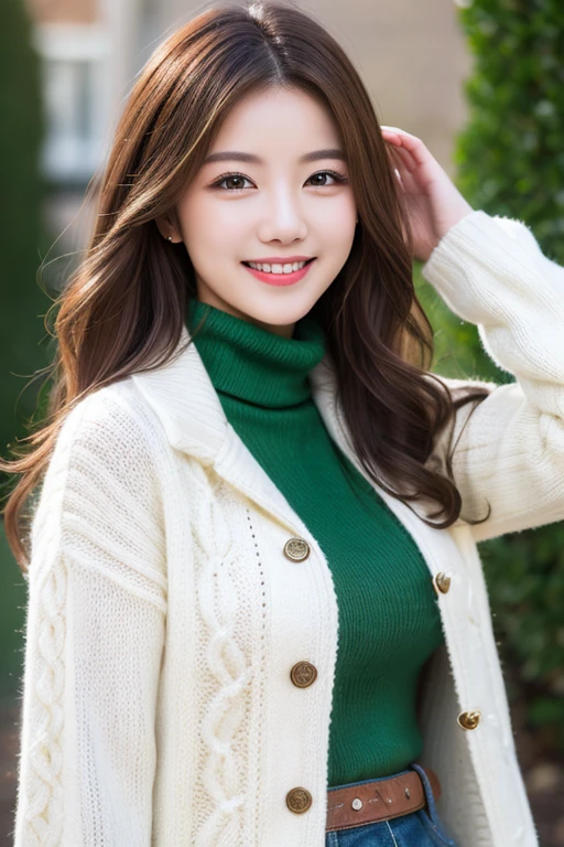 best quality, high resolution, ultra detailed, realistic, attractive female, upper body, vivid brown hair, semi-long wavy hair, green eyes, wearing a white turtleneck layered sweater, denim jacket, smiling, 