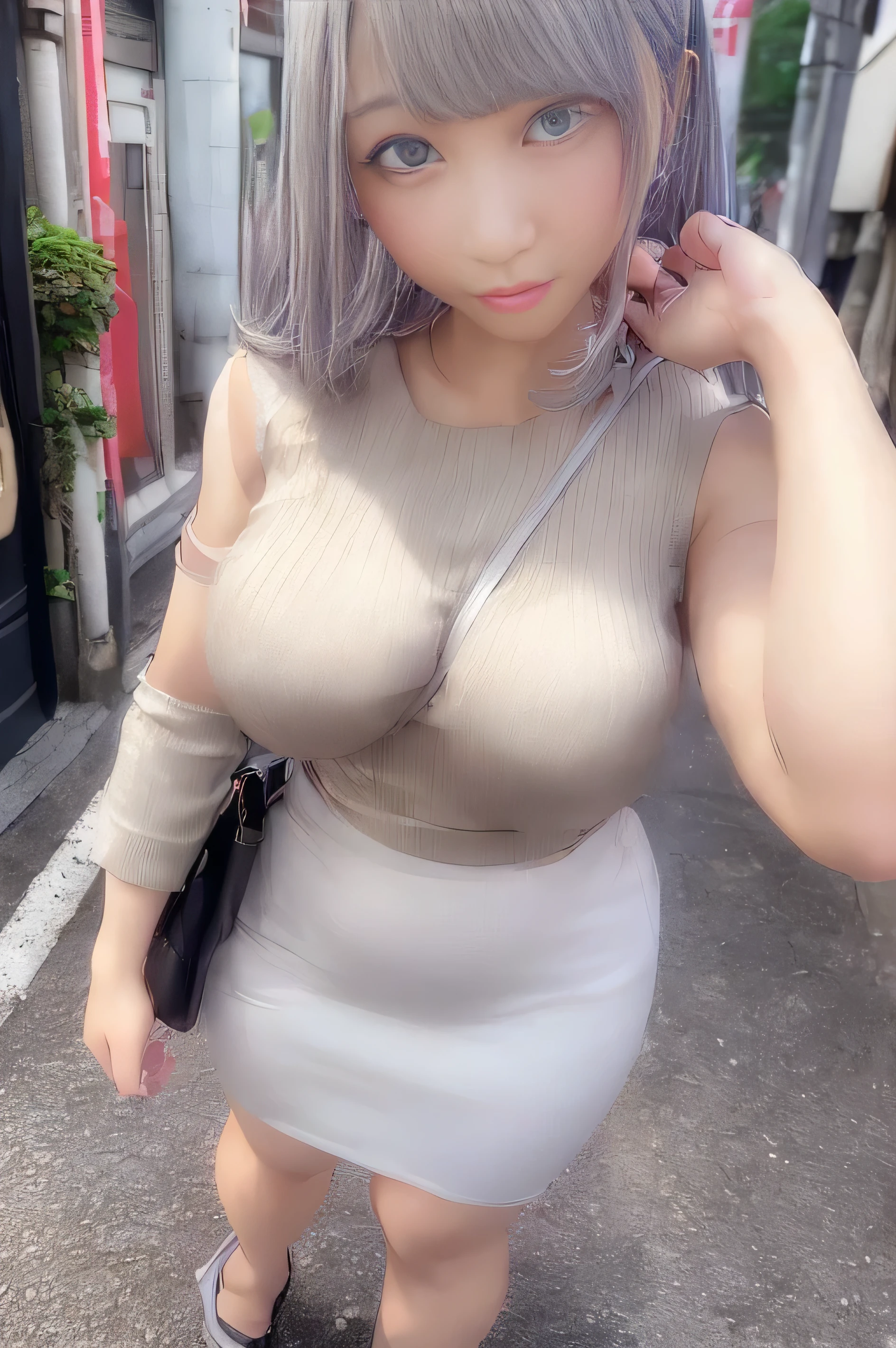 (Woman standing on the street in Tokyo:1.4)、(Realistic、 as in the picture 、live-action、8k, Realistic,  RAW photo,  Max Image: 1.4),   SLR camera 、 RAW photo,  best quality, Realistic,  Very detailedな CG Unity 8k 壁紙,  written boundary depth, Cinematic Light,  Lens Flare,  ray tracing , Realistic background、(Equipped:1.5、tight strapless shirt:1.4、Tight mini pencil skirt:1.4、( small breasts:0.5))、(( silver interior colored hair :1.1))、 1 female, cute Japanese girl 、((whole body:1.5))、Long Hair:1.2. I like that style、 perfect eye details 、 Very detailed、 Attention to detail 、Perfect outfit、( tanned skin)、 beautiful legs:1.1、  view from below 、Accurate Arm、Meet on a street corner