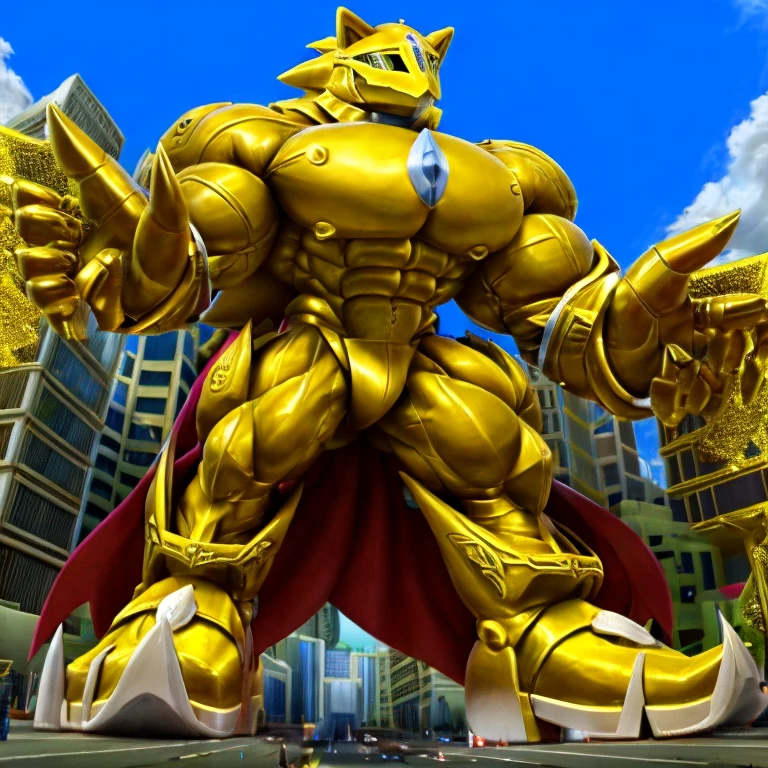 - Excalibur Sonic. Golden Armor. The whole body is golden.
- masterpiece. official art. 8k. best quality. detailed full body. full body.
- no face. wearing a full-face helmet.
- An arrogant expression. smile at the corner of your mouth.
- He with 4 arms.
- large muscles,  big muscle, huge muscles,  massive muscles, bulk up.
- focus GIANT Excalibur Sonic is trampling the city. Looking down. macro. stomp. Low-angle perspective. emphasizing the immense size. He has long legs.
- The nails are sharp. The nails are gold. There are five fingers.
- The toenails are sharp. The toenails are gold. There are five toes.

(Excalibur Sonic, golden armor, helmet, no face, holding, red cape, upturned and pointy shoes)