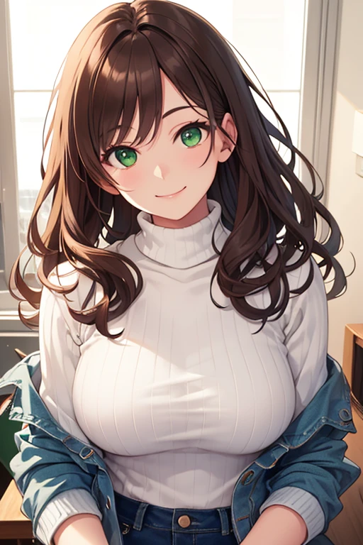 best quality, high resolution, ultra detailed, realistic, attractive female, upper body, vivid brown hair, semi-long wavy hair, green eyes, wearing a white turtleneck layered sweater, denim jacket, smiling, 