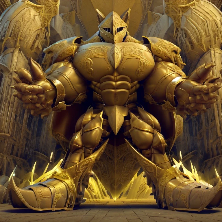 - Excalibur Sonic. Golden Armor. The whole body is golden.
- masterpiece. official art. 8k. best quality. detailed full body. full body.
- no face. wearing a full-face helmet.
- An arrogant expression. smile at the corner of your mouth.
- He with 4 arms.
- large muscles,  big muscle, huge muscles,  massive muscles, bulk up.
- focus GIANT Excalibur Sonic is trampling the city. Looking down. macro. stomp. Low-angle perspective. emphasizing the immense size. He has long legs.
- The nails are sharp. The nails are gold. There are five fingers.
- The toenails are sharp. The toenails are gold. There are five toes.

(Excalibur Sonic, golden armor, helmet, no face, holding, red cape, upturned and pointy shoes)