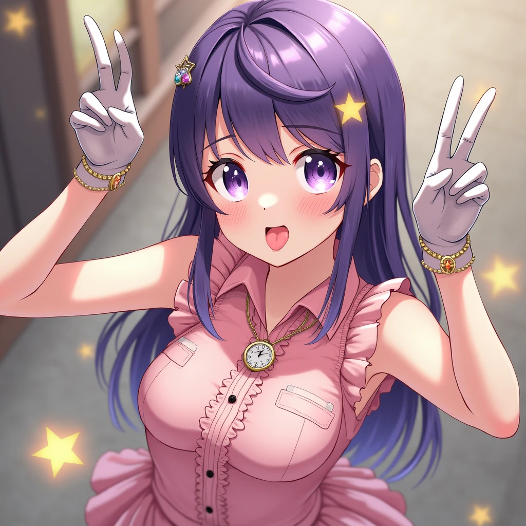 Hosino Ai, gloves, tongue sticking out, tongue, long hair, star (symbol), watch viewer, (purple hair: 1.2), purple eyes, upper body, hair ornament, ruffles, pink shirt, smile, sleeveless, shirt, idol, symbol shaped pupil, hands raised, bangs, one side up, star-shaped pupils, arms raised, dresspull, roaring twenties, isometric, from above, full body, rembrandt, Illustration, detail, depth of field, looking at the viewer, peace sign, hand raised, tongue out, highest quality, high resolution.